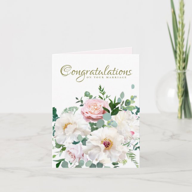 Dusty Pink Blush Rose White Creamy Peony Wedding Note Card (Front)