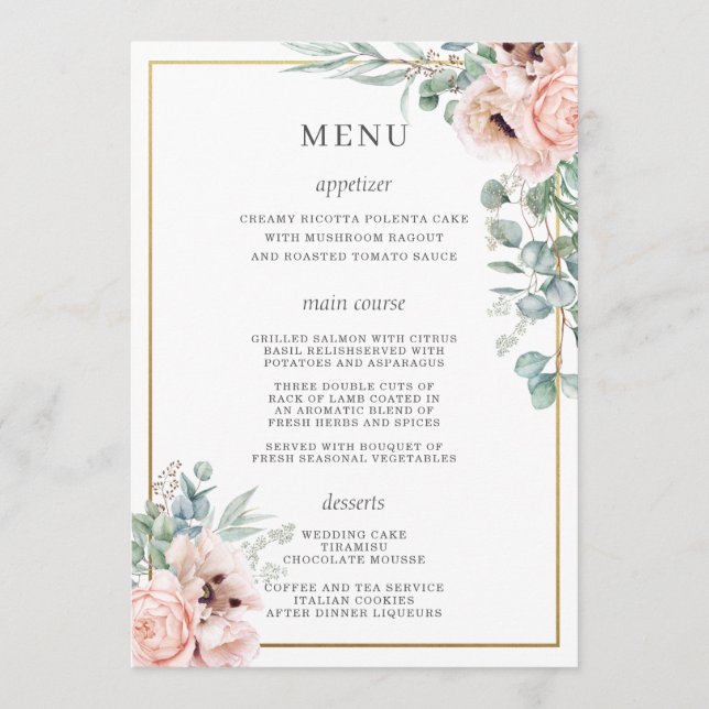 Dusty Pink Blush Roses Poppy Floral Bar Drink Menu (Front)