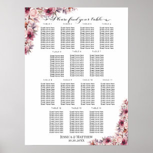 Dusty Pink Boho Floral 14 Tables Wedding Seating Poster