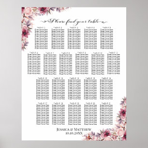 Dusty Pink Boho Floral 21 Tables Wedding Seating Poster