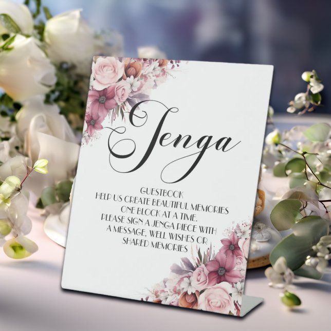 Dusty Pink Boho Floral Jenga Guestbook Pedestal Sign (Creator Uploaded)