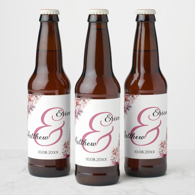 Dusty Pink Boho Floral Modern Script Wedding Beer Bottle Label (Bottles)