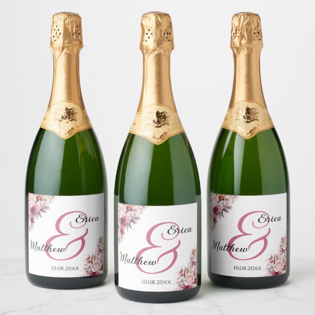 Dusty Pink Boho Floral Modern Script Wedding Sparkling Wine Label (Bottles)