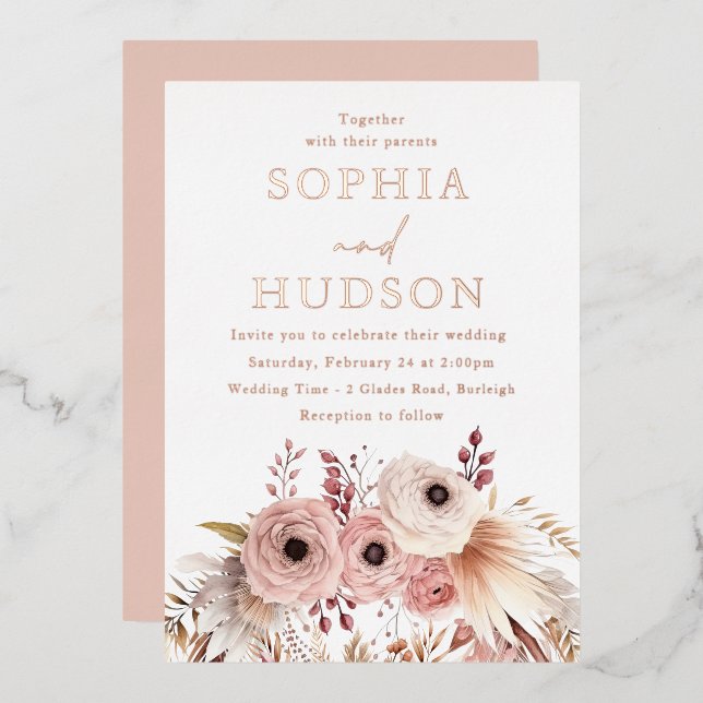 Dusty Pink Boho Floral Pampas Wedding Rose Gold (Front/Back)