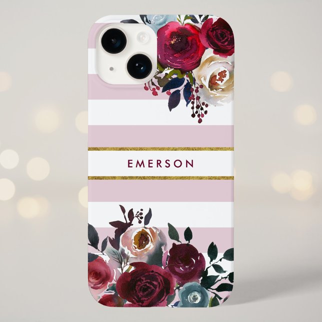 Dusty Pink Boho Floral Stripe Monogram Case-Mate iPhone Case (Creator Uploaded)