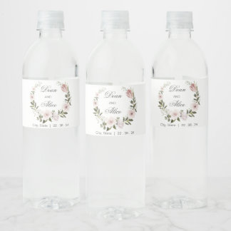 Dusty Pink Boho Floral Water Colour Pastel Wedding Water Bottle Label