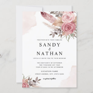 Dusty Pink Boho Flowers Wedding Invitation