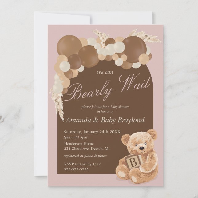 Dusty Pink Boho Teddy Bear Baby Shower Invitation (Front)