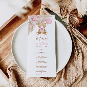 Dusty Pink Boho Teddy Bear Balloon Menu Card