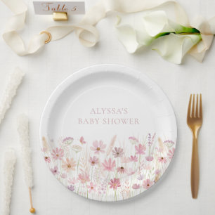 Dusty Pink Boho Wildflowers Baby Shower Paper Plate
