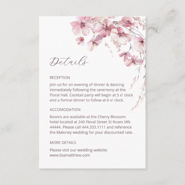 Dusty Pink Boho Wildflowers Details Enclosure Card (Front)
