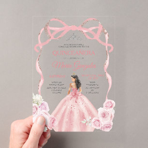 Dusty Pink Bow Princess Silver Crown Quinceañera Acrylic Invitations