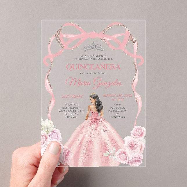 Dusty Pink Bow Princess Silver Crown Quinceañera Acrylic Invitations (Insitu (Handheld))