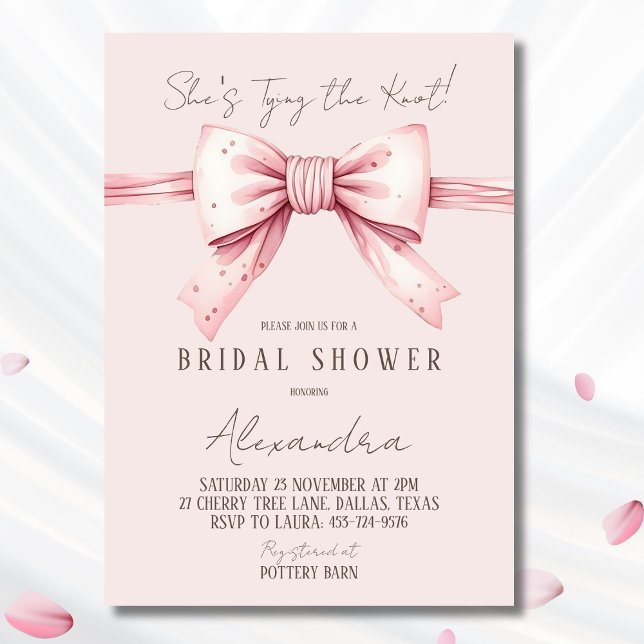 Dusty Pink Bow Shes Tying the Knot Bridal Shower Invitation (Creator Uploaded)