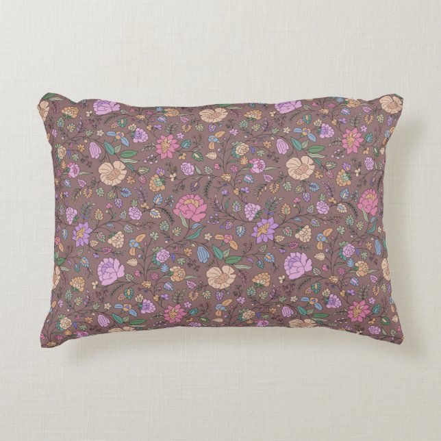 Dusty Pink Brown Beige Whimsical Colourful Floral Accent Pillow (Front)
