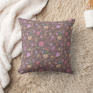Dusty Pink Brown Beige Whimsical Colourful Floral Throw Pillow