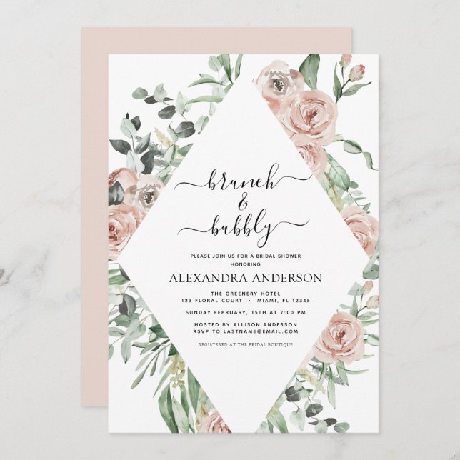 Dusty Pink Brunch & Bubbly Bridal Shower Greenery Invitation (Front/Back)