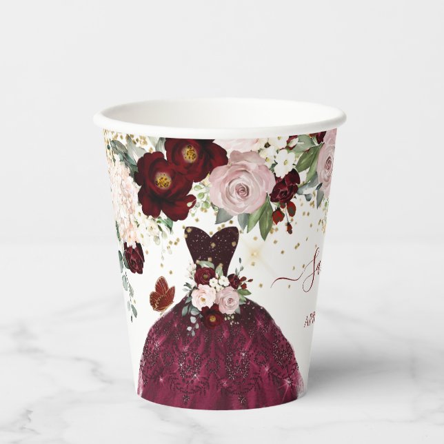 Dusty Pink Burgundy Blush Flowers Quinceanera Paper Cups (Front)