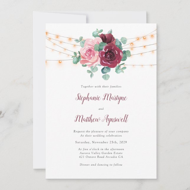 Dusty Pink Burgundy Eucalyptus Lights Wedding Invitation (Front)