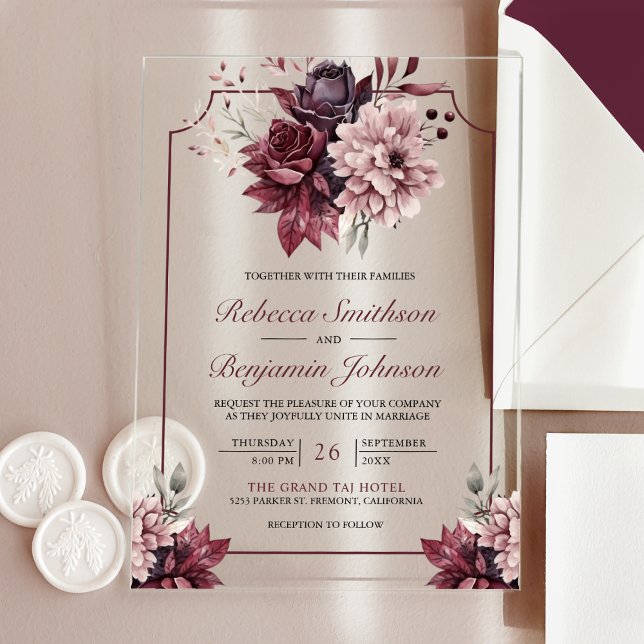 Dusty Pink Burgundy Floral Frame Wedding Acrylic Invitations (Creator Uploaded)