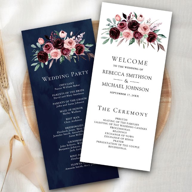 Dusty Pink Burgundy Floral Navy Wedding Programme (Créateur téléchargé)