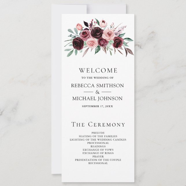 Dusty Pink Burgundy Floral Wedding Program (Front)