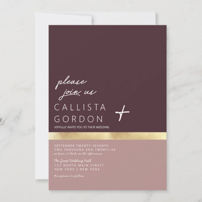 Dusty Pink Burgundy Red Gold Colour Block Wedding Invitation (Front)