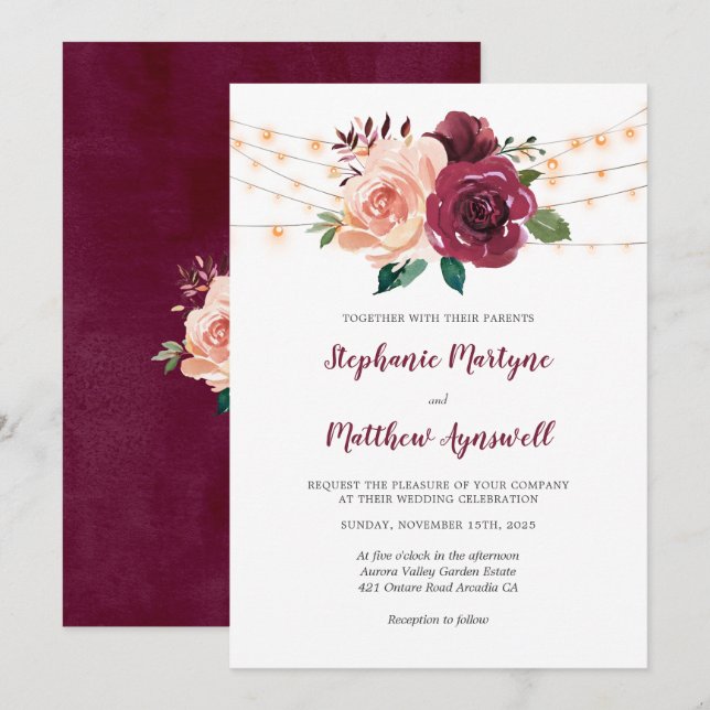 Dusty Pink Burgundy Rose Lights Botanical Wedding Invitation (Front/Back)