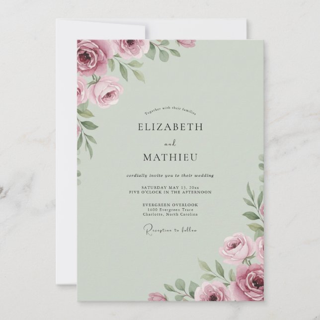 Dusty Pink Celadon Peony Wedding Invitation (Front)