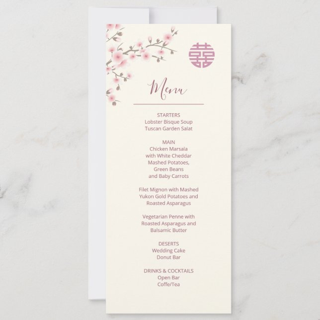 Dusty Pink Cherry Blossom Chinese Wedding Menu  Invitation (Front)