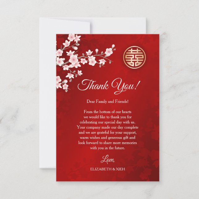  Dusty Pink Cherry Blossom Chinese Wedding  Thank You Card (Front)