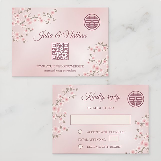 Dusty PInk Cherry Blossom  RSVP Chinese Wedding Card (Creator Uploaded)