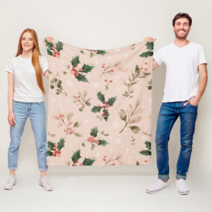 Dusty Pink Christmas Holly Botanical Snowflake Fleece Blanket