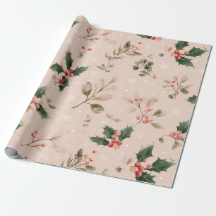 Dusty Pink Christmas Holly Botanical Snowflake Wrapping Paper