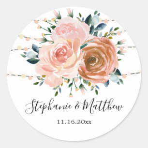 Dusty Pink Coral Botanical String Lights Wedding Classic Round Sticker