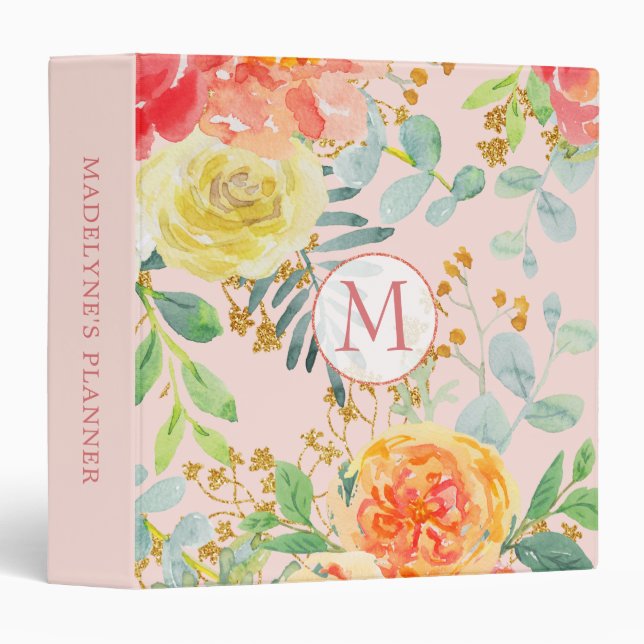 Dusty Pink Coral Eucalyptus Botanical Monogrammed Binder (Front/Spine)