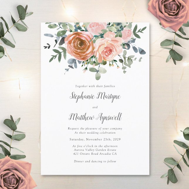 Dusty Pink Coral Eucalyptus Botanical Wedding Invitation (Creator Uploaded)