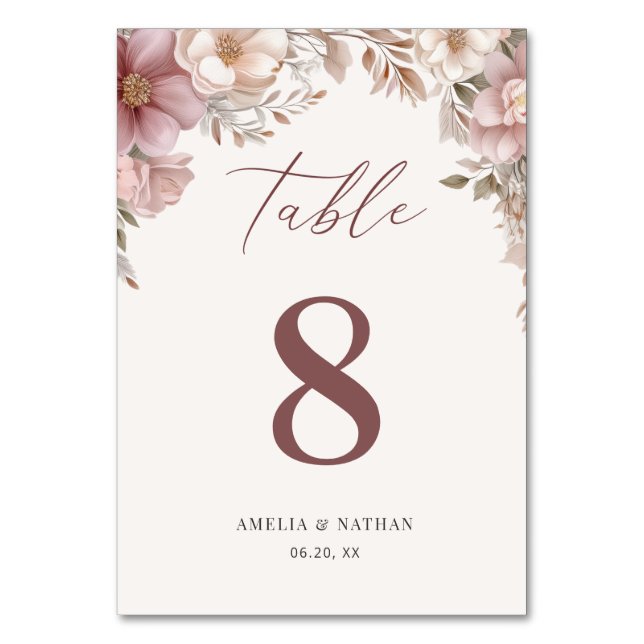 Dusty Pink Cream Elegant Magnolia Floral Wedding Table Number (Front)