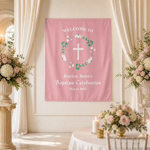 Dusty Pink Cross Floral Crest Baptism Backdrop Tapestry