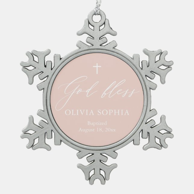 Dusty Pink Cross Girl Baptism Snowflake Ornament (Front)