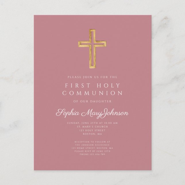 Dusty Pink Cross Religious Boy First Communion Postcard (Front)