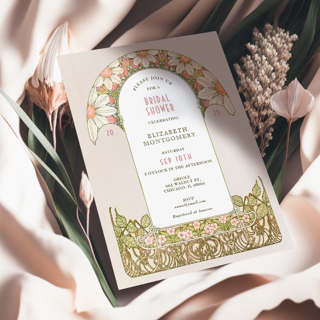 Dusty Pink Daisies Bridal Shower Art Nouveau Invitation (Creator Uploaded)