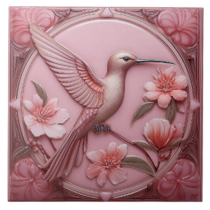 Dusty pink faux relief Art Nouveau Hummingbird R Tile
