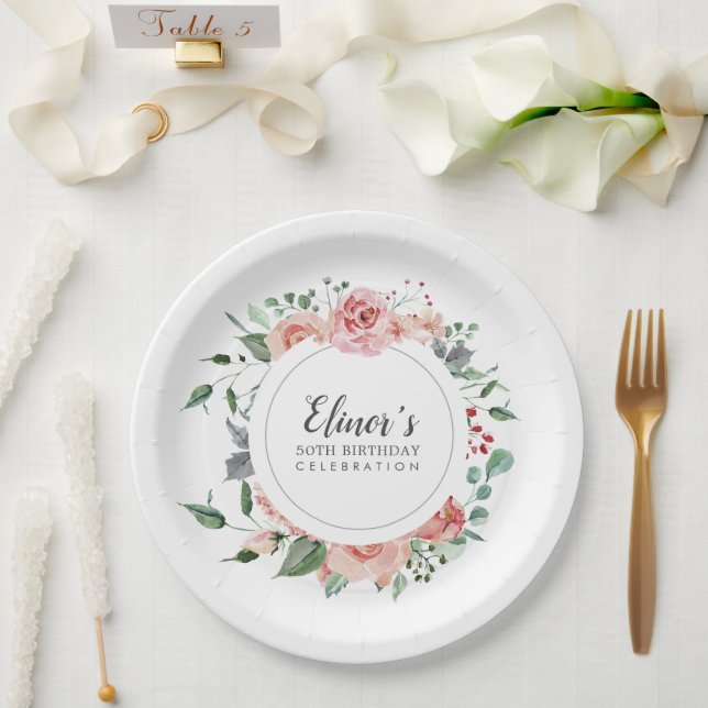 Dusty Pink Floral 50th Birthday Thank You Paper Plate (Wedding)