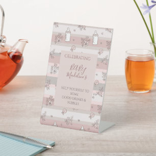 Dusty Pink Floral Baby Bottle Girl Baby Shower Pedestal Sign