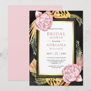 Dusty Pink Floral Boho Palm Black Bridal Shower Invitation