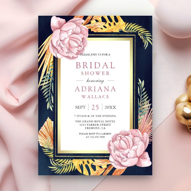 Dusty Pink Floral Boho Palm Navy Bridal Shower Invitation (Creator Uploaded)
