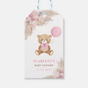 Dusty Pink Floral Boho Teddy Bear Baby Girl Party Gift Tags