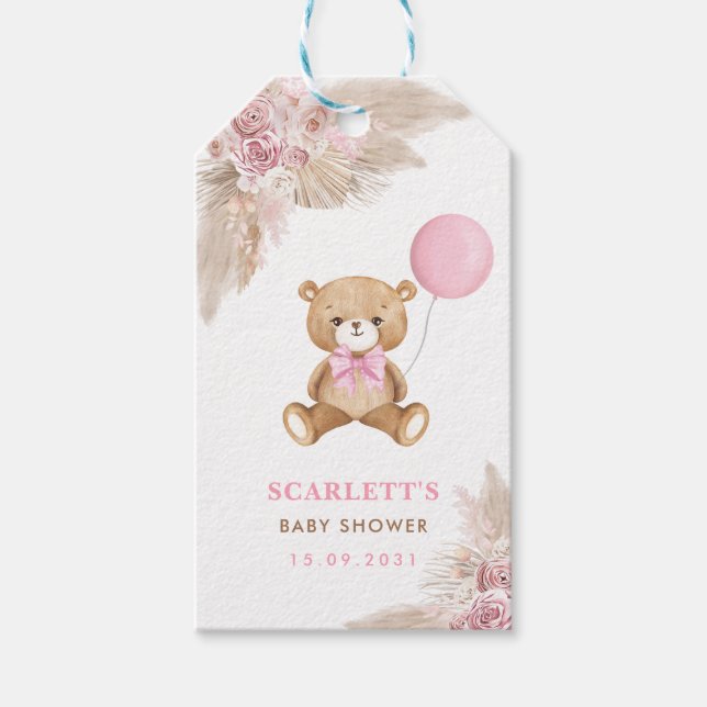 Dusty Pink Floral Boho Teddy Bear Baby Girl Party Gift Tags (Front)