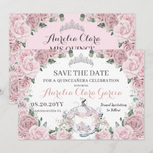 Dusty Pink Floral Cinderella Quinceañera Sweet 16 Save The Date